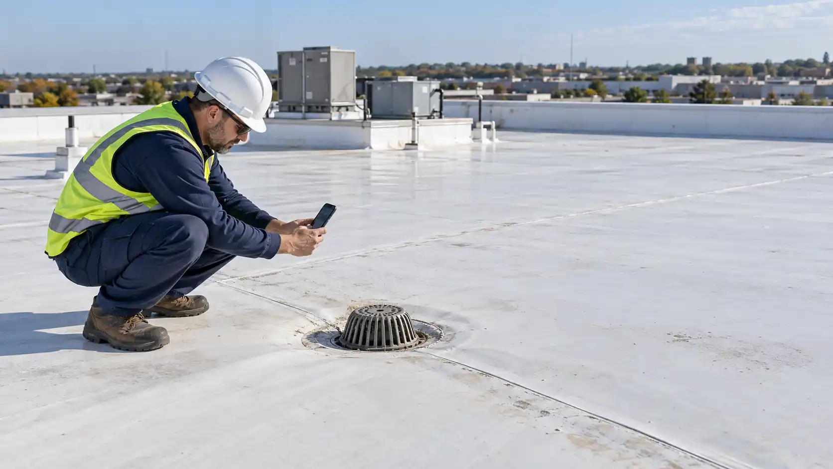 Commercial roofer photographing a roof drain and white membrane seams during an on-site inspection.