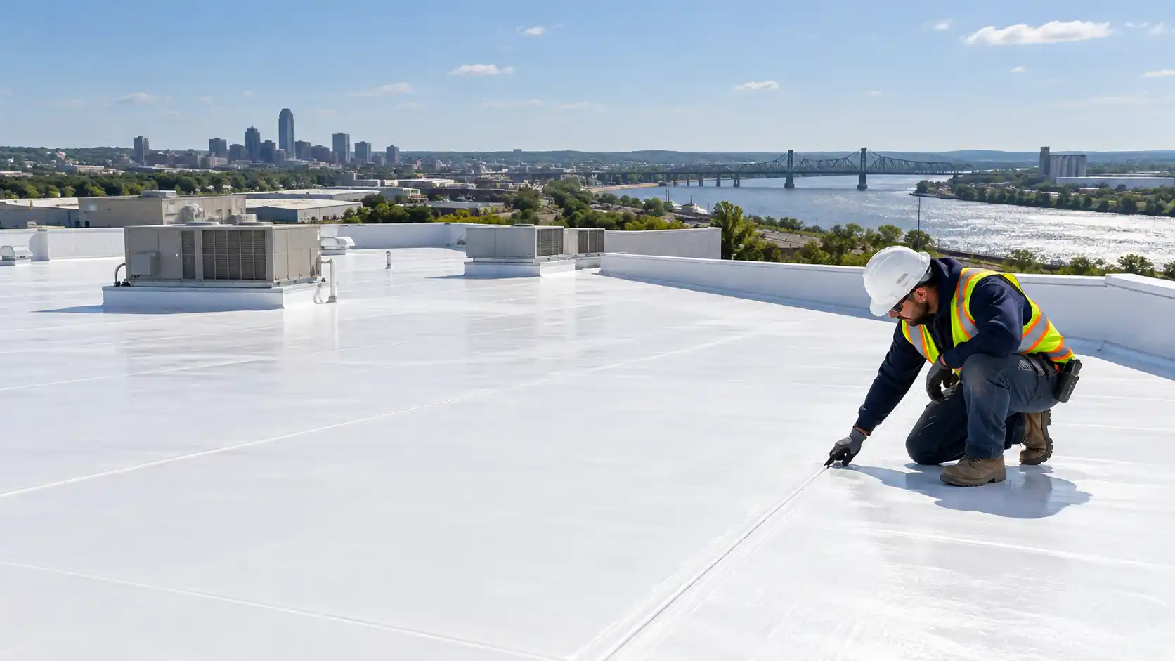 Commercial roofer inspecting a white membrane roof with the Missouri River and Omaha skyline in the background.