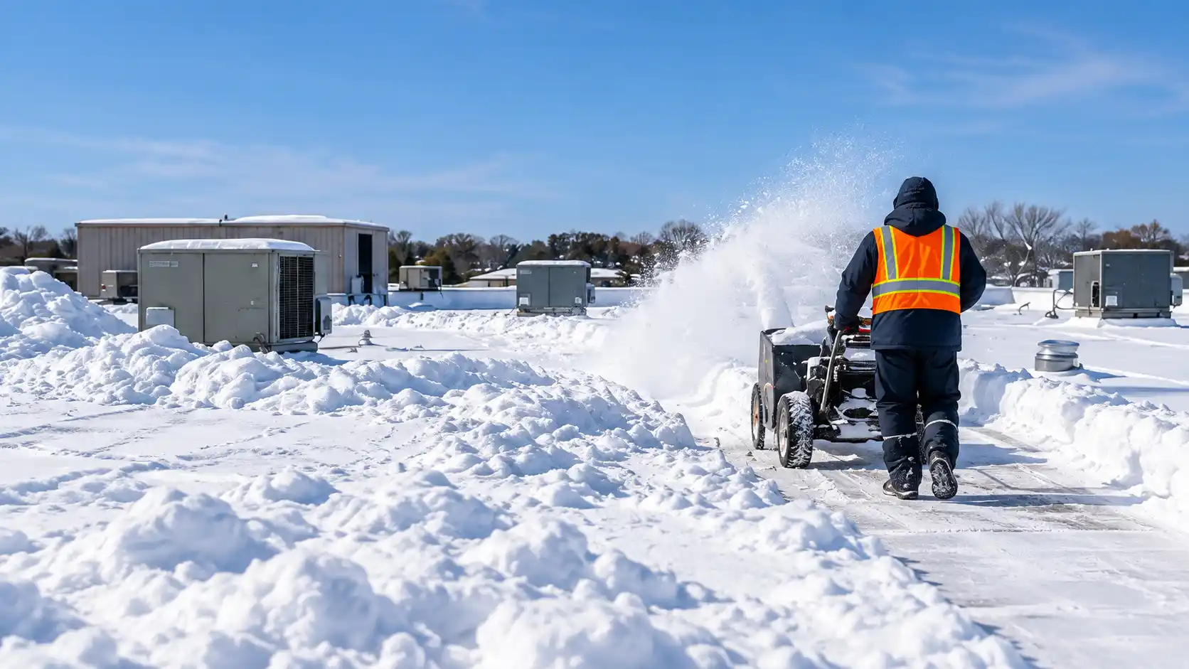 Worker clearing snow from a flat commercial roof around rooftop equipment.