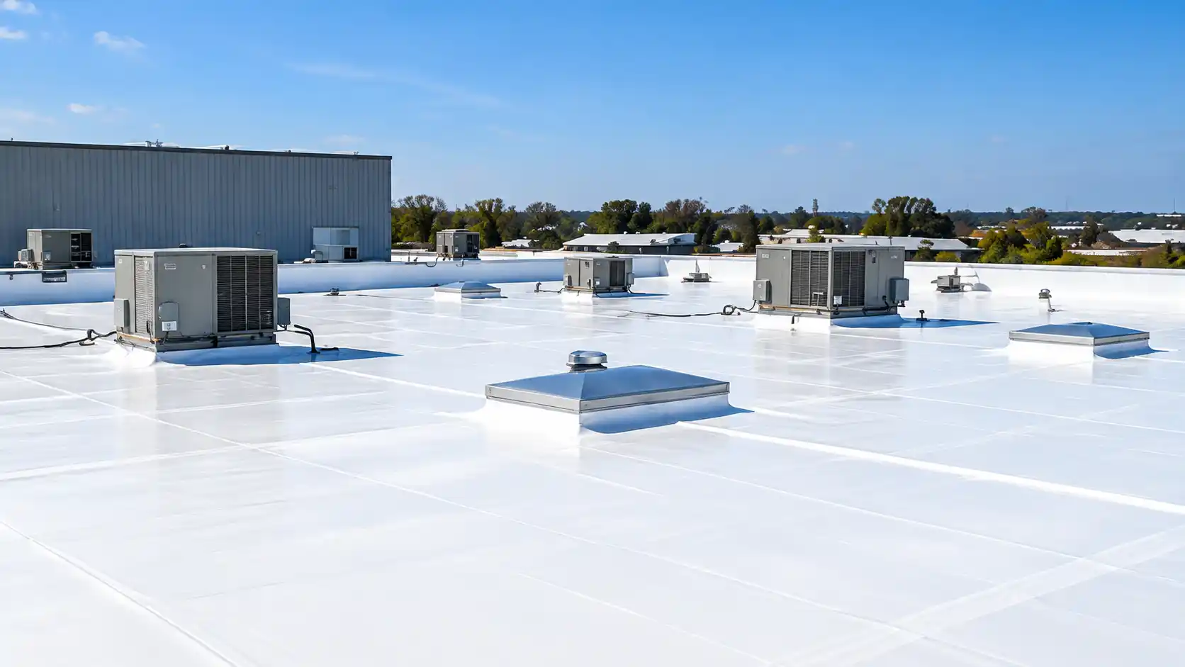 New white PVC commercial roof with rooftop HVAC equipment.