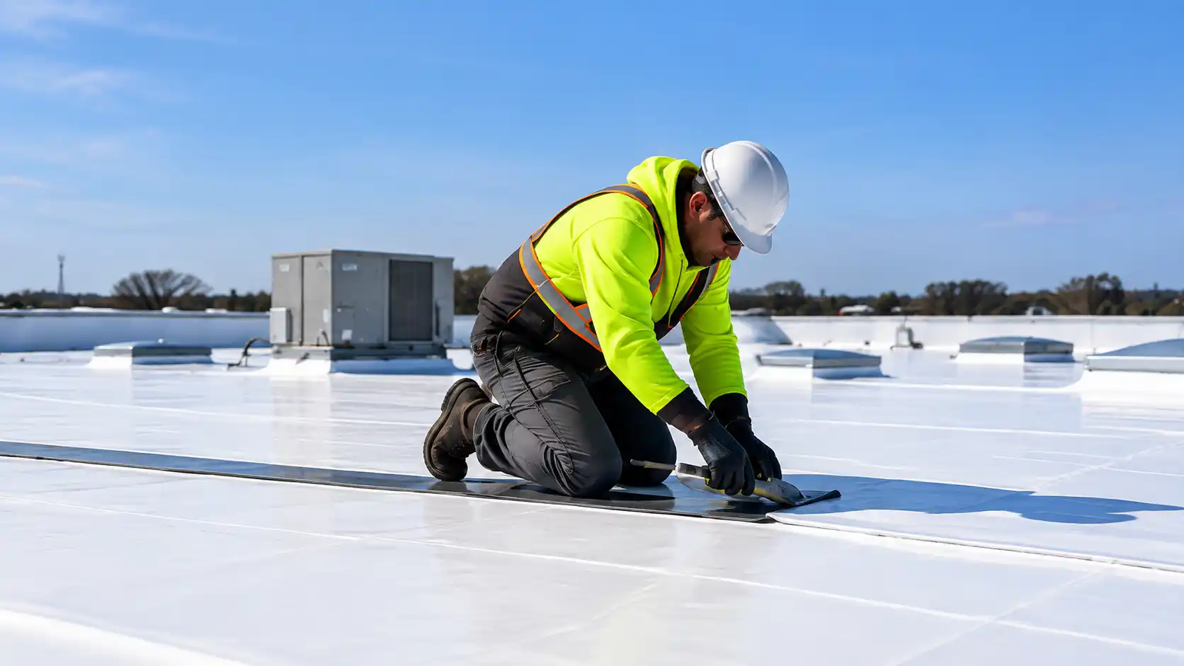 Commercial roofer repairing a seam on a white membrane roof.