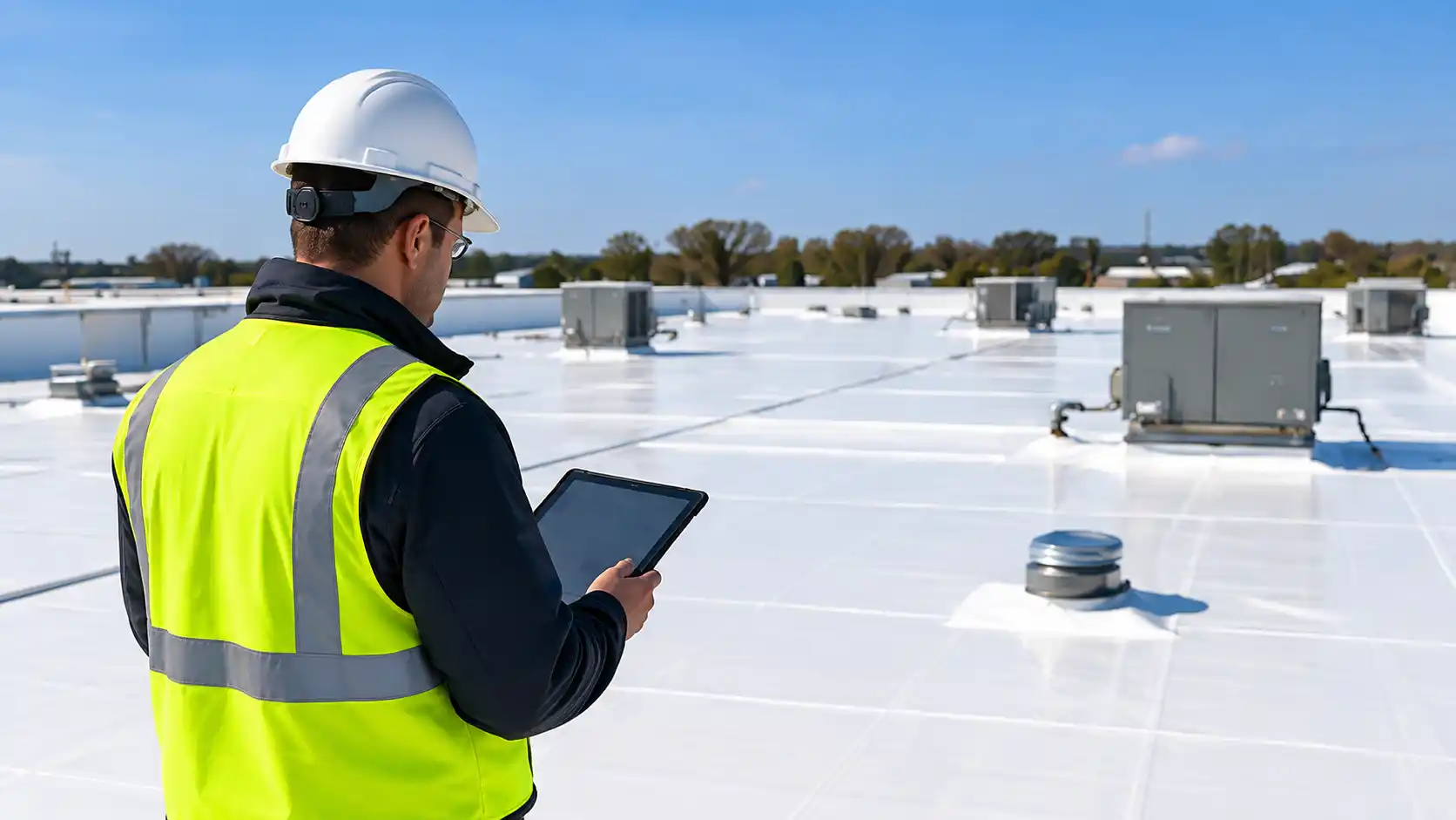 Roofer documenting white commercial roof conditions with a tablet.