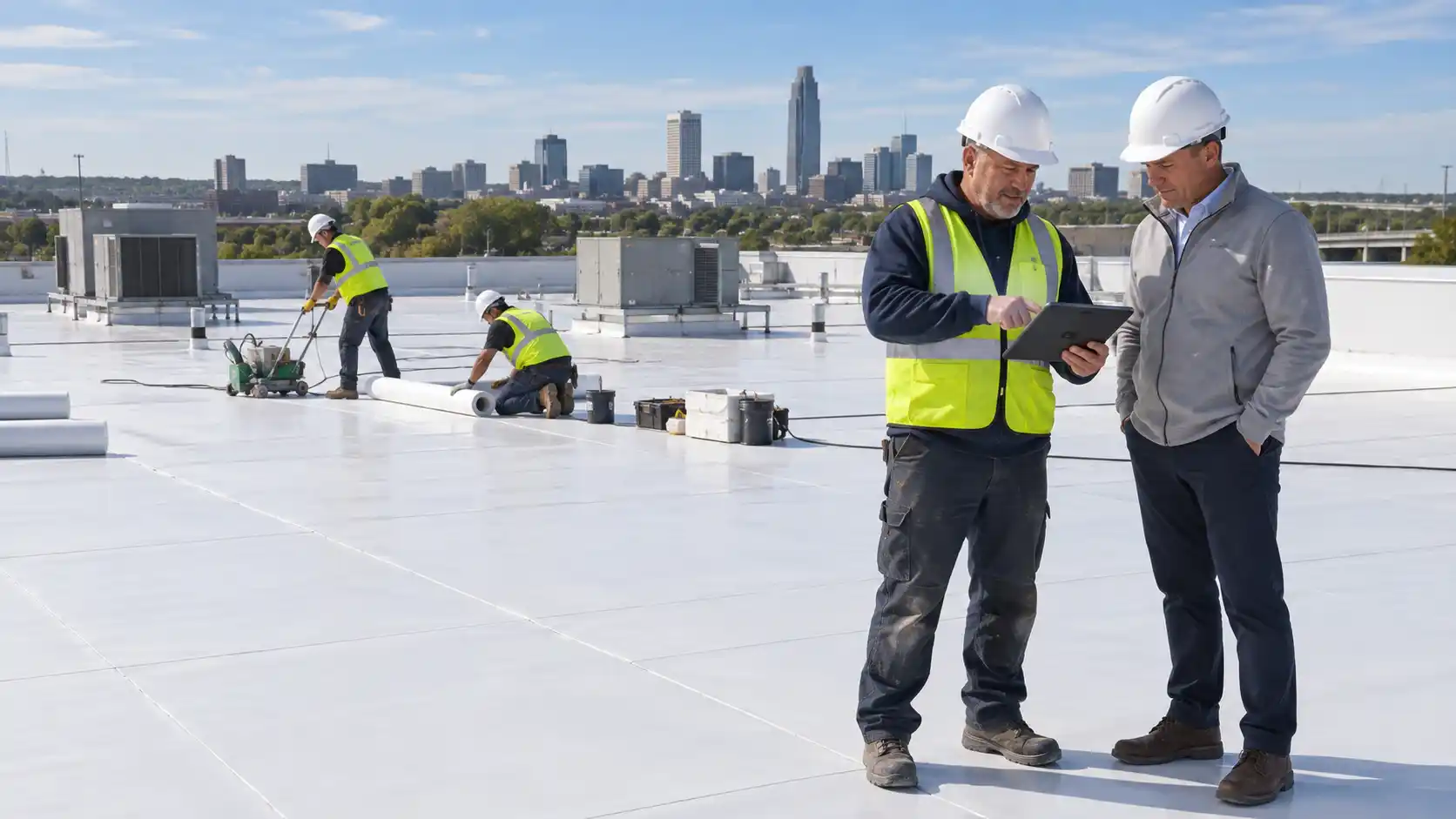 Roofing foreman reviewing project updates with a building owner while crews install a white commercial roof in Omaha.