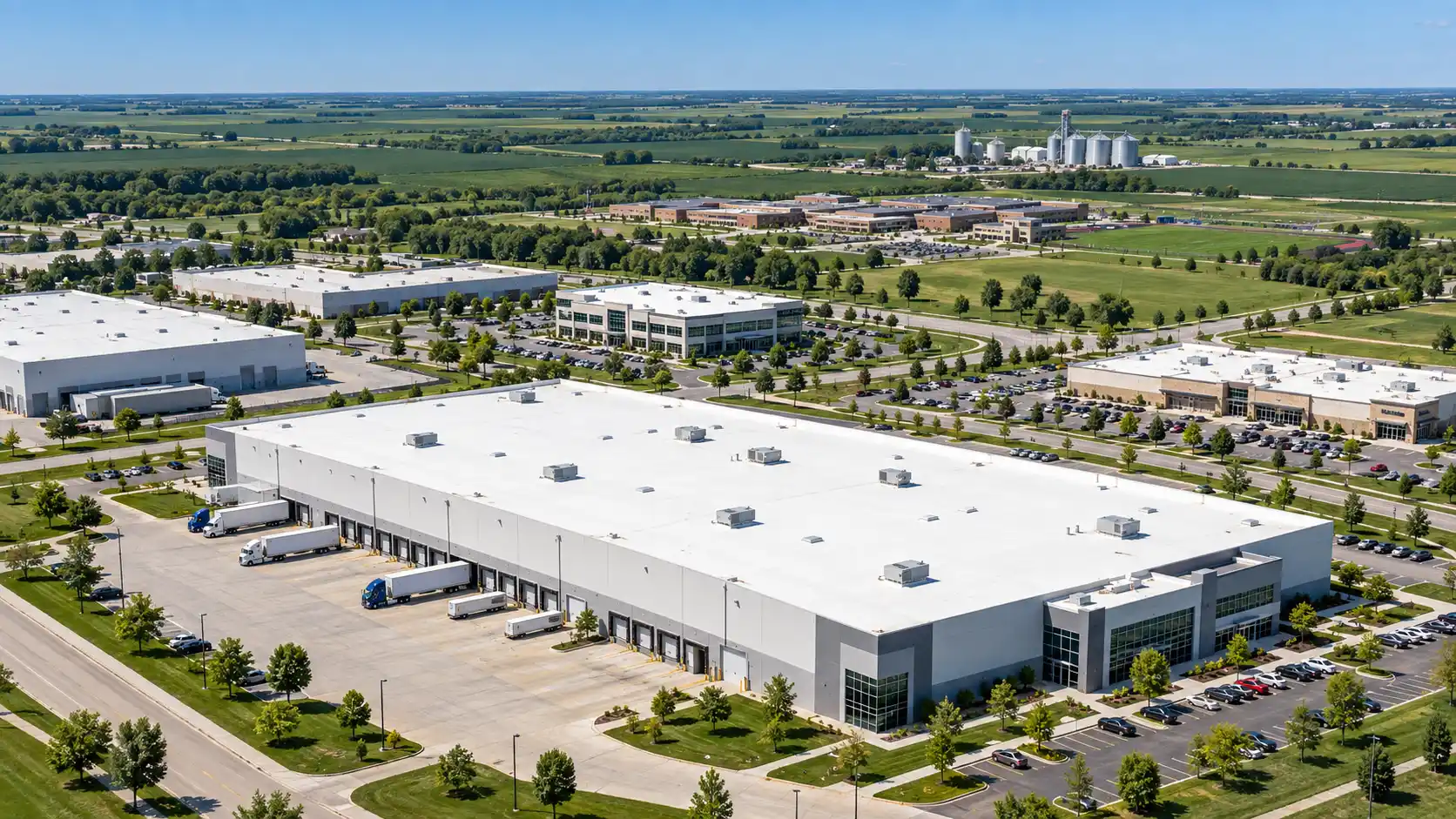 Aerial view of warehouses, offices and commercial buildings with white membrane roofs and surrounding farmland.