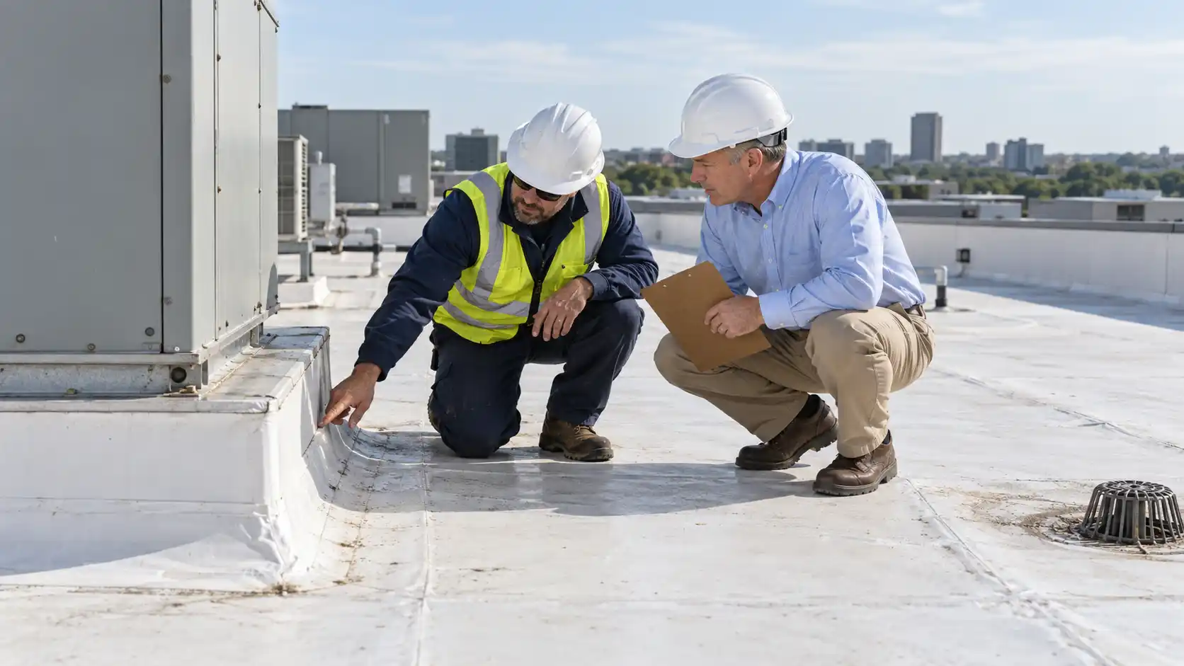 Commercial roofer showing a building owner roof flashing conditions during a white membrane roof inspection in Omaha.
